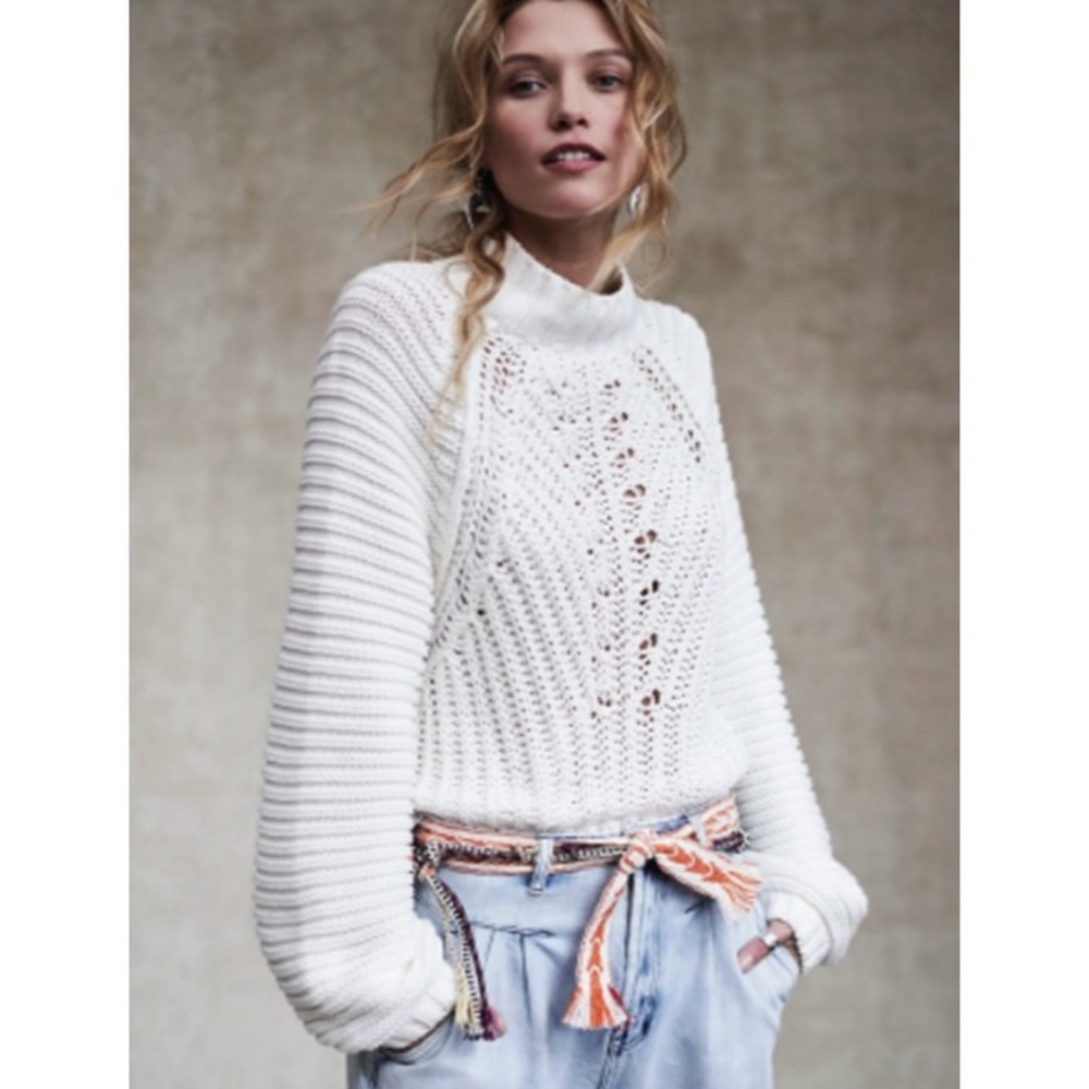 Free People White Cotton Puff Sleeve Chunky Knit Sweetheart Sweater XS